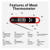 Food Thermometer Fast Precise with Magnet Foldable Probe Grill & Cooking Outdoor Camping & Kitchen Accessories Water Resistant