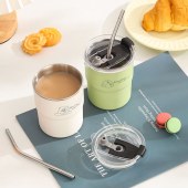 2024 New Design 300ml Portable Coffee Mug Camping Cup Fashion Simple Stainless Steel Coffee Cup With Straw