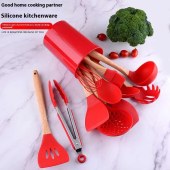 12pcs Silicone Kitchen Utensil Set with Wooden Handles - Heat Resistant, Non-Stick Cooking Tools Including Spatula & Soup Ladle