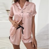 Two-Piece Summer Women's Pajamas with Chest Pads, Short-Sleeve Round-Neck Pullover Printed Loungewear, Wearable Outdoors