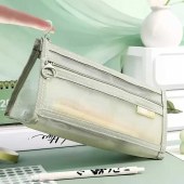 Transparent Triangle Canvas Pencil Bag Simple Stationery Mesh Case with Zipper Closure for Students