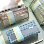 Transparent Triangle Canvas Pencil Bag Simple Stationery Mesh Case with Zipper Closure for Students